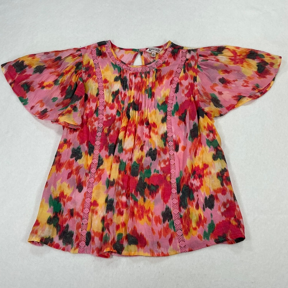 Jeanette Pink Floral Flutter Sleeve Blouse Sheer Crochet Trim Top Medium